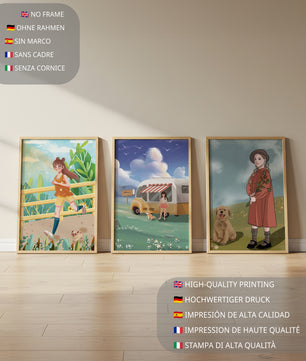 Conjunto de cuadros ilustrativos sin marco en ambiente moderno