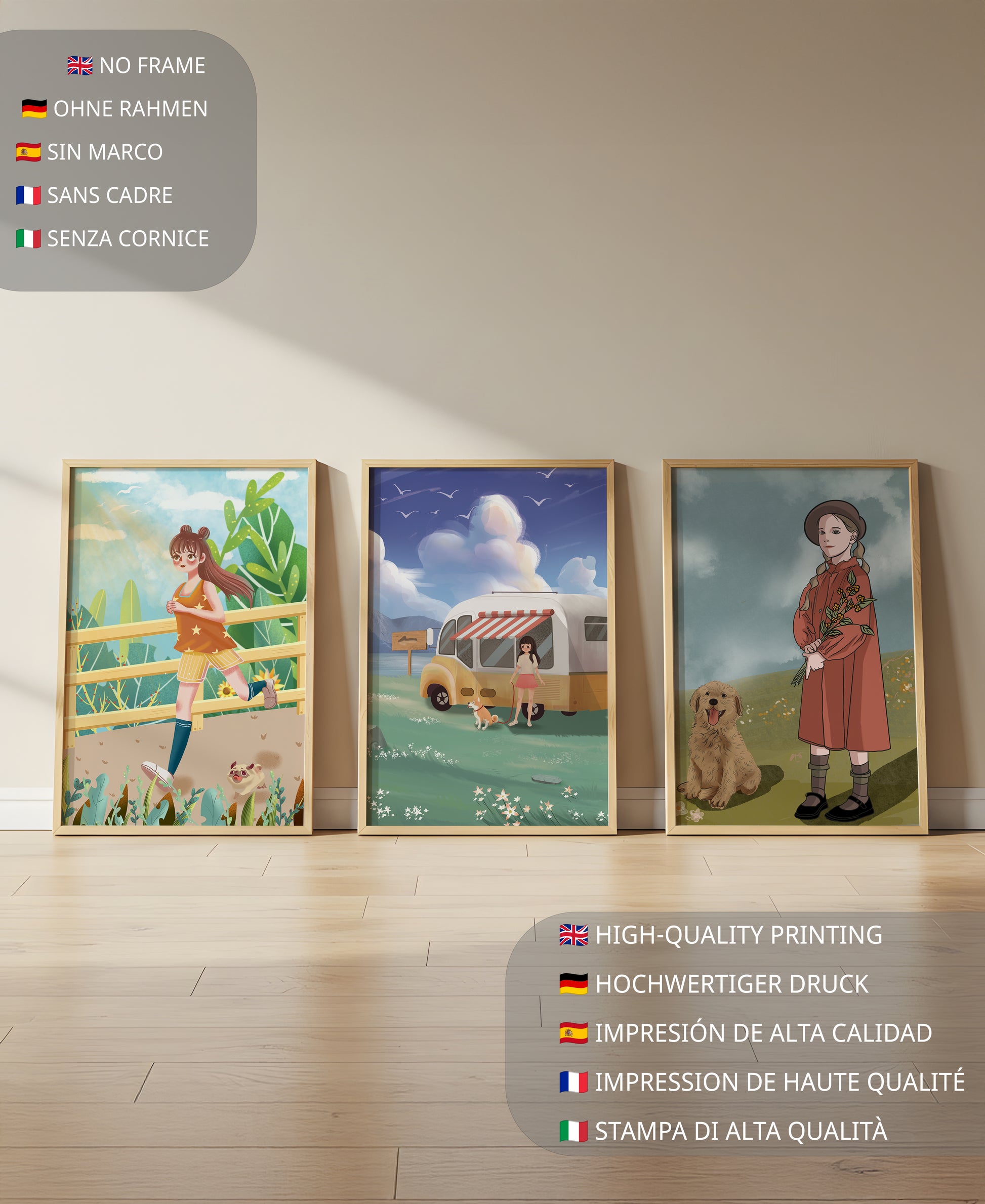 Conjunto de cuadros ilustrativos sin marco en ambiente moderno
