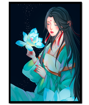 Elegant Woman Holding Glowing Lotus in Tranquil Nightscape