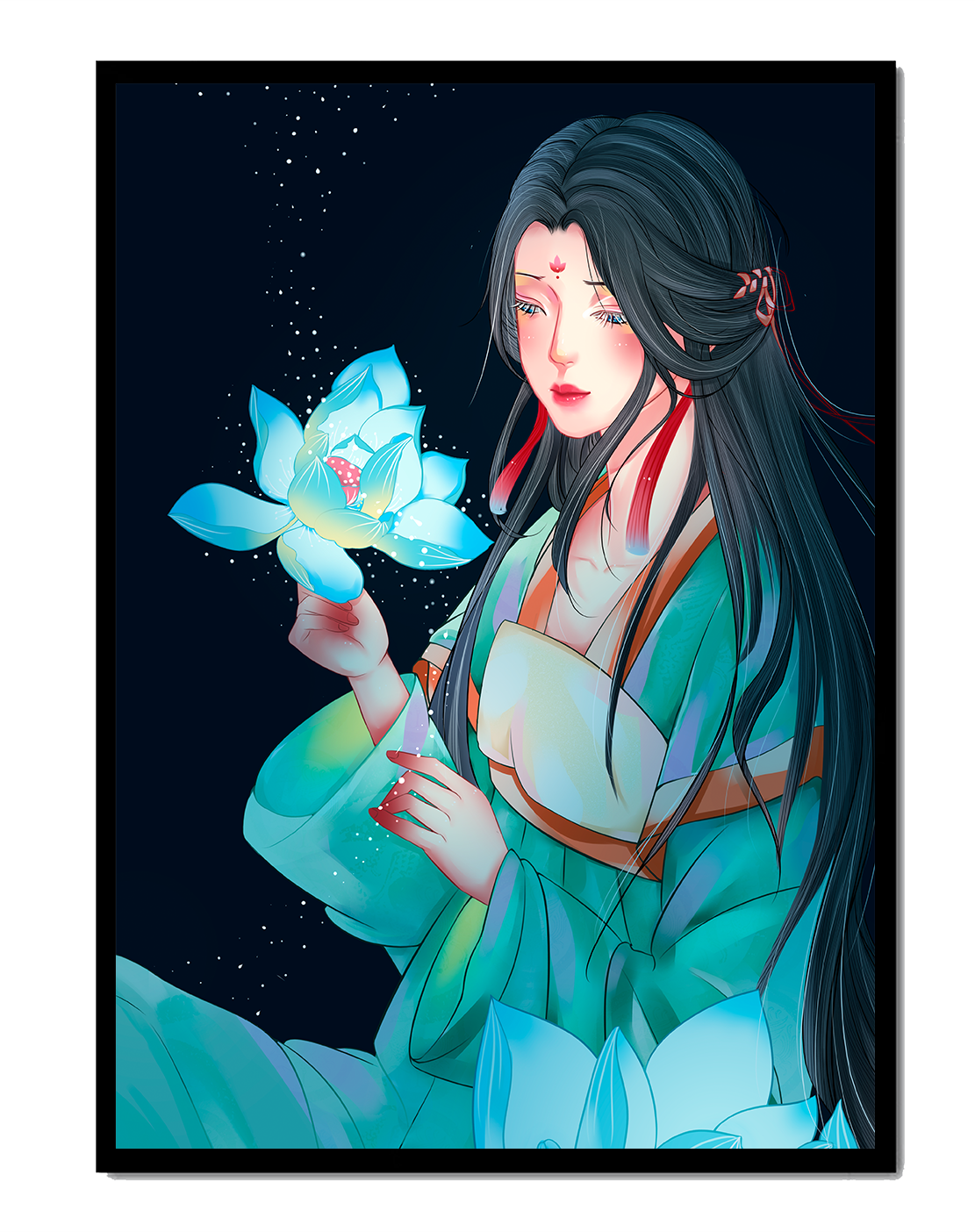 Elegant Woman Holding Glowing Lotus in Tranquil Nightscape
