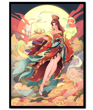 An enchanting depiction of a celestial figure with a mystical rabbit and vibrant attire