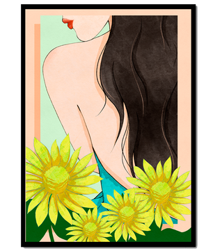 Ilustración de una mujer elegante con girasoles y cabello largo y oscuro