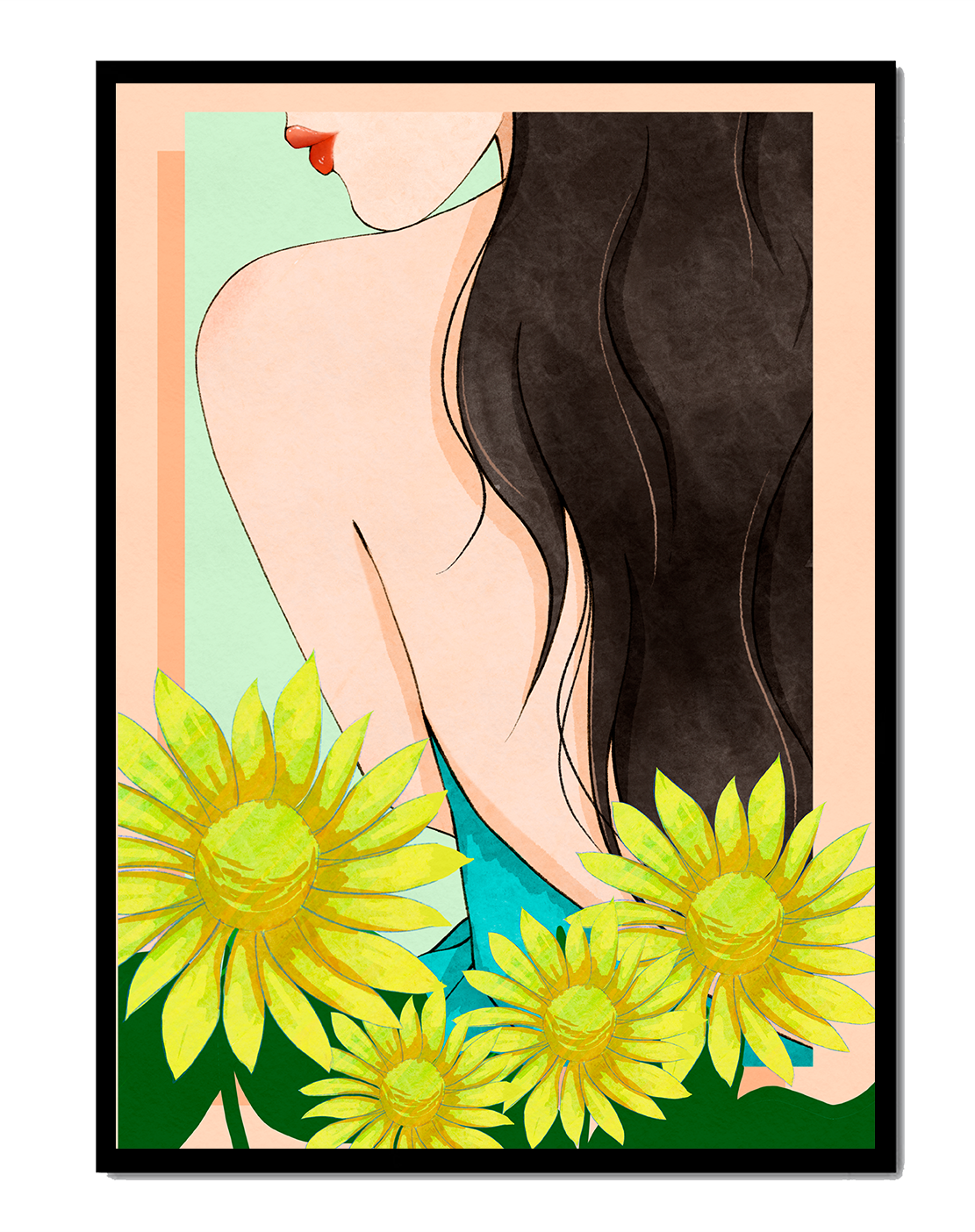 Ilustración de una mujer elegante con girasoles y cabello largo y oscuro