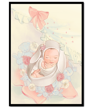Dulce bebé durmiendo rodeado de suaves decoraciones pastel