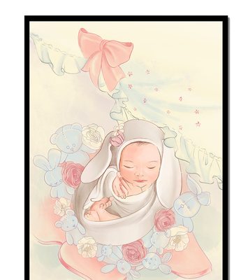 Sweet sleeping baby surrounded by soft pastel decorations
