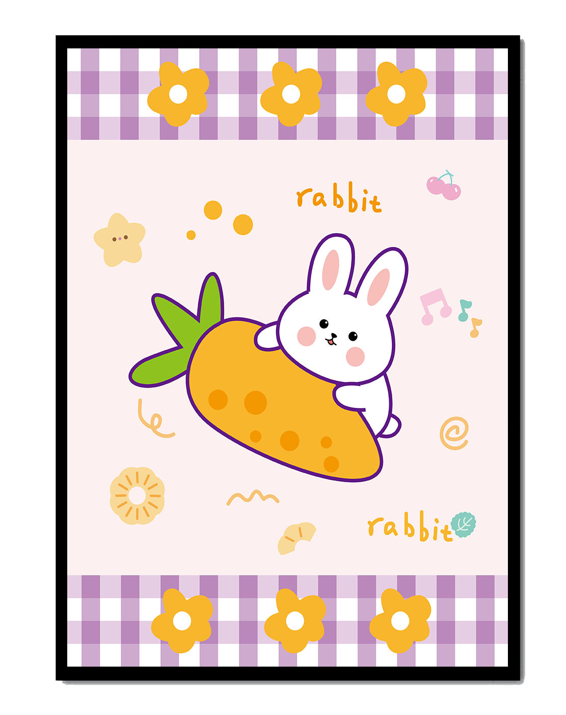 Illustrated cute rabbit with carrot on a colorful background
