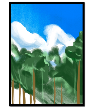 Malerische Waldlandschaft mit blauem Himmel und flauschigen Wolken