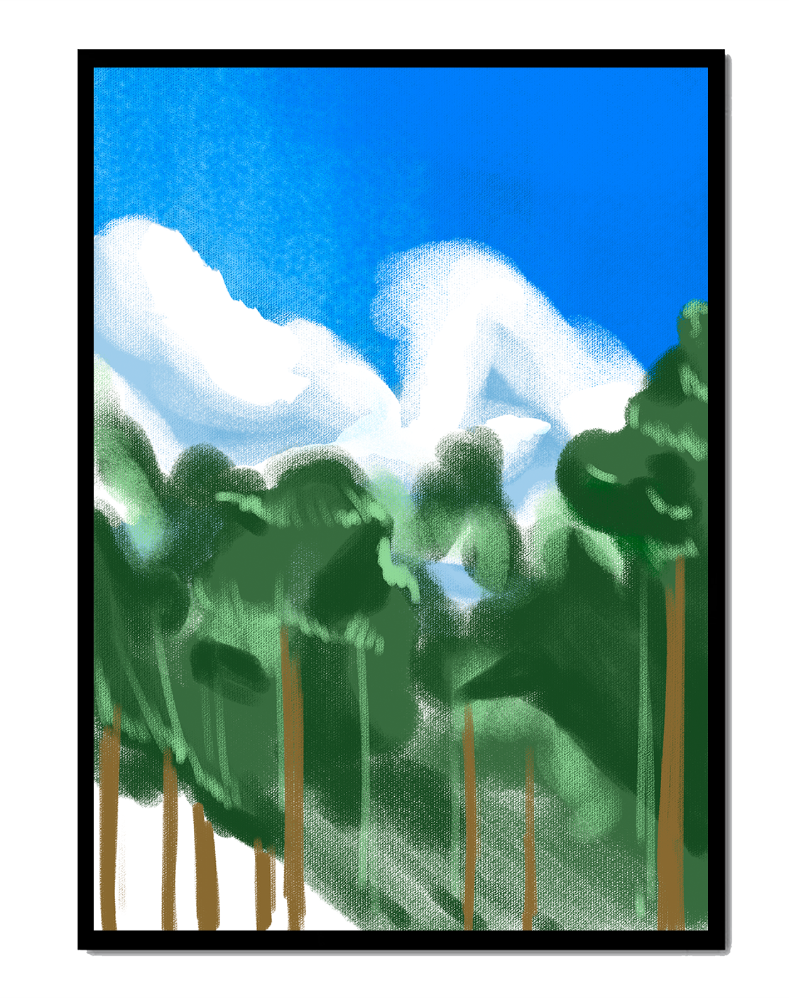 Malerische Waldlandschaft mit blauem Himmel und flauschigen Wolken