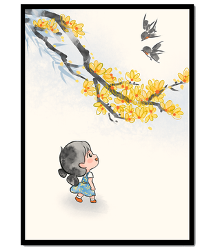 Charming illustration of a child gazing at birds and yellow blossoms