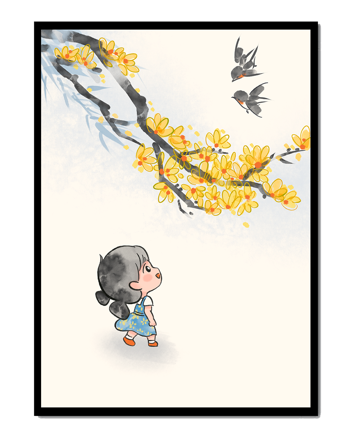Charming illustration of a child gazing at birds and yellow blossoms