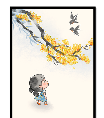 Charming illustration of a child gazing at birds and yellow blossoms