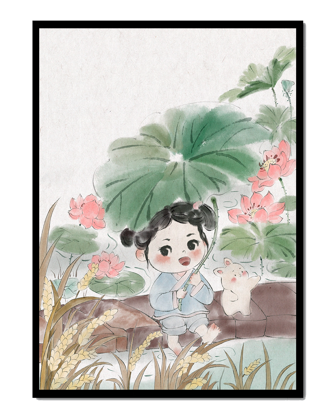Charming illustration of a child with flowers and a bunny by the water