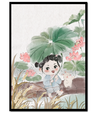 Charming illustration of a child with flowers and a bunny by the water