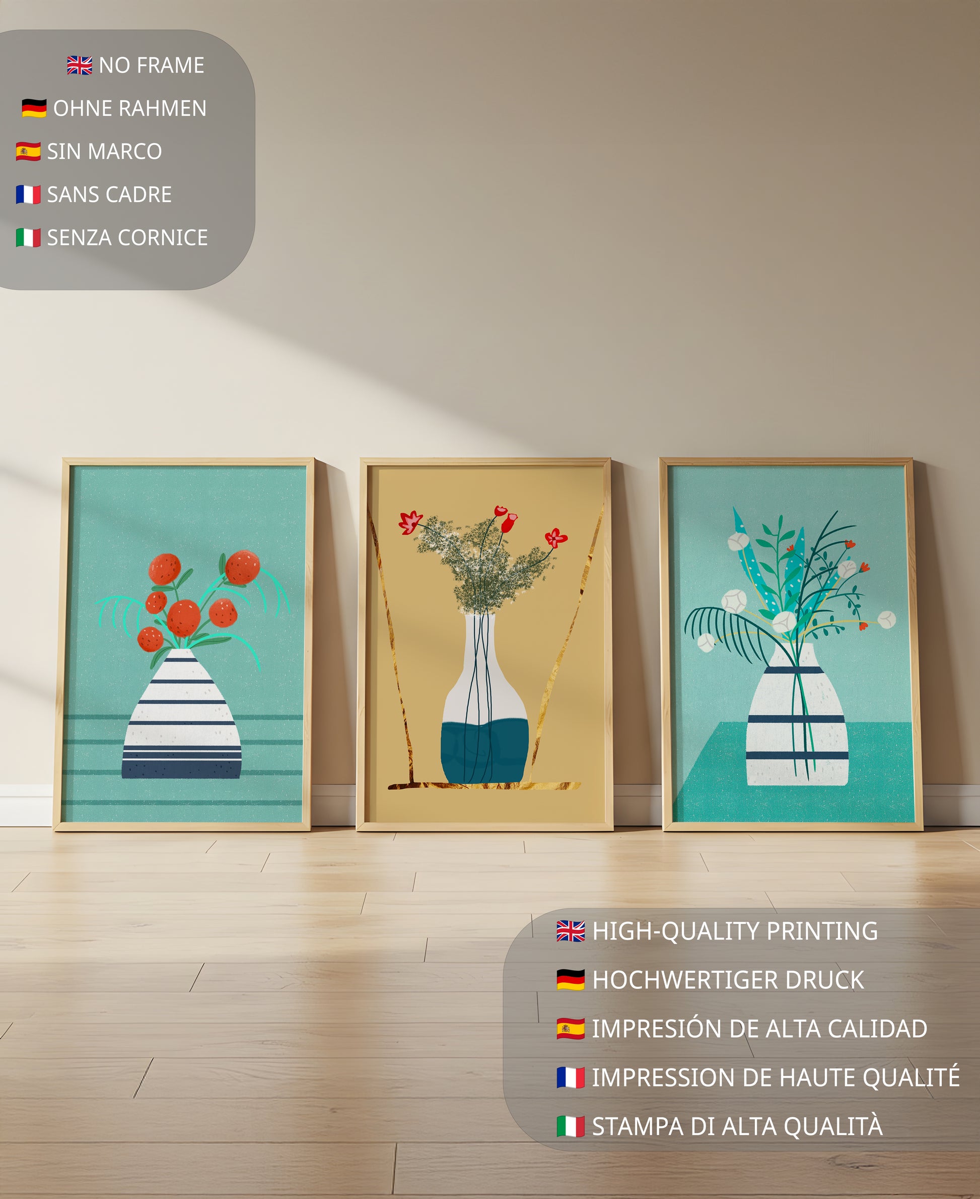 Conjunto de Tres Imágenes de Jarrones con Flores en Colores Pastel y Fondo Neutro