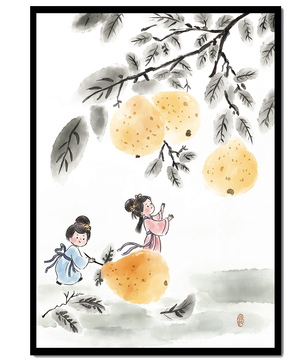 Ilustración encantadora de niños en vestimenta tradicional recolectando peras