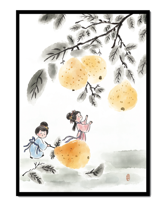 Ilustración encantadora de niños en vestimenta tradicional recolectando peras