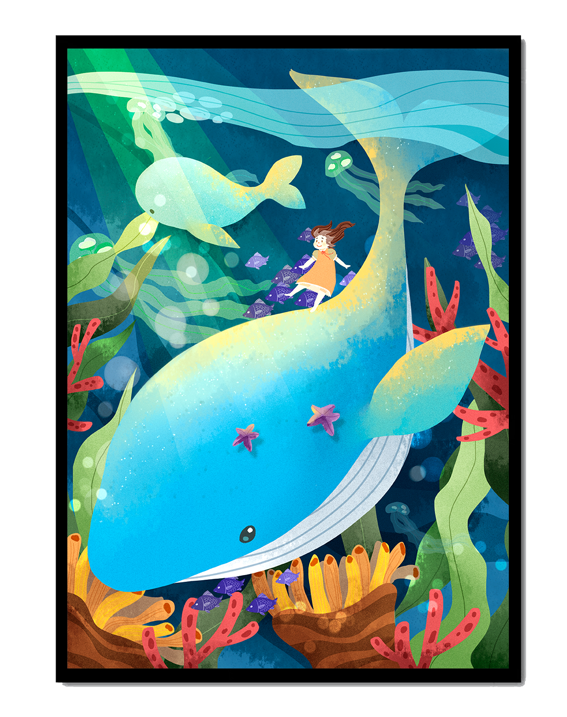 Fantasievolle Unterwasserszene mit einem Mädchen auf einem Wal und farbenfrohem Meeresleben
