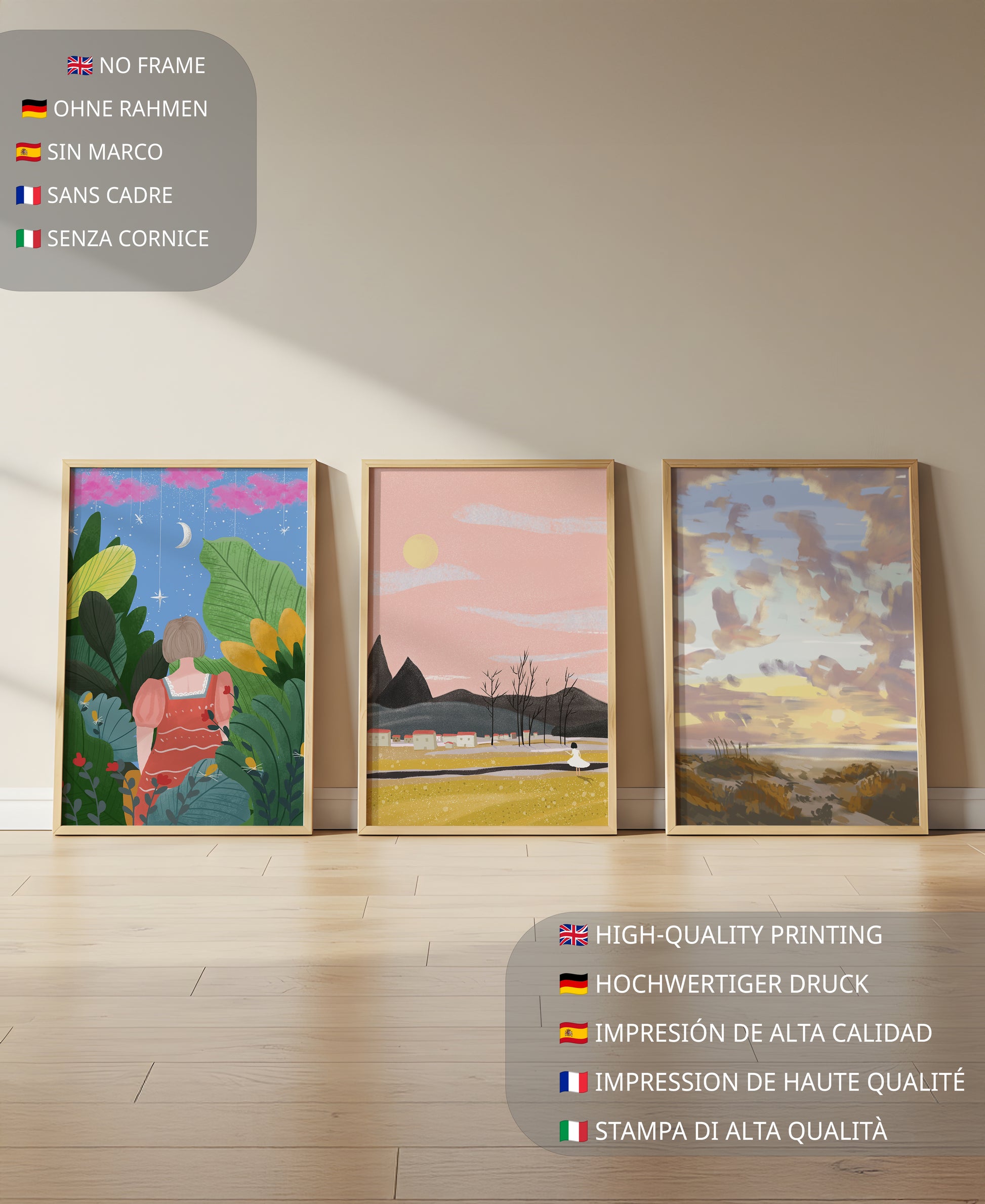 Images artistiques dans un cadre doré sur un parquet en bois