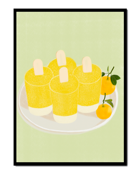 Illustration of yellow popsicles and oranges on a plate