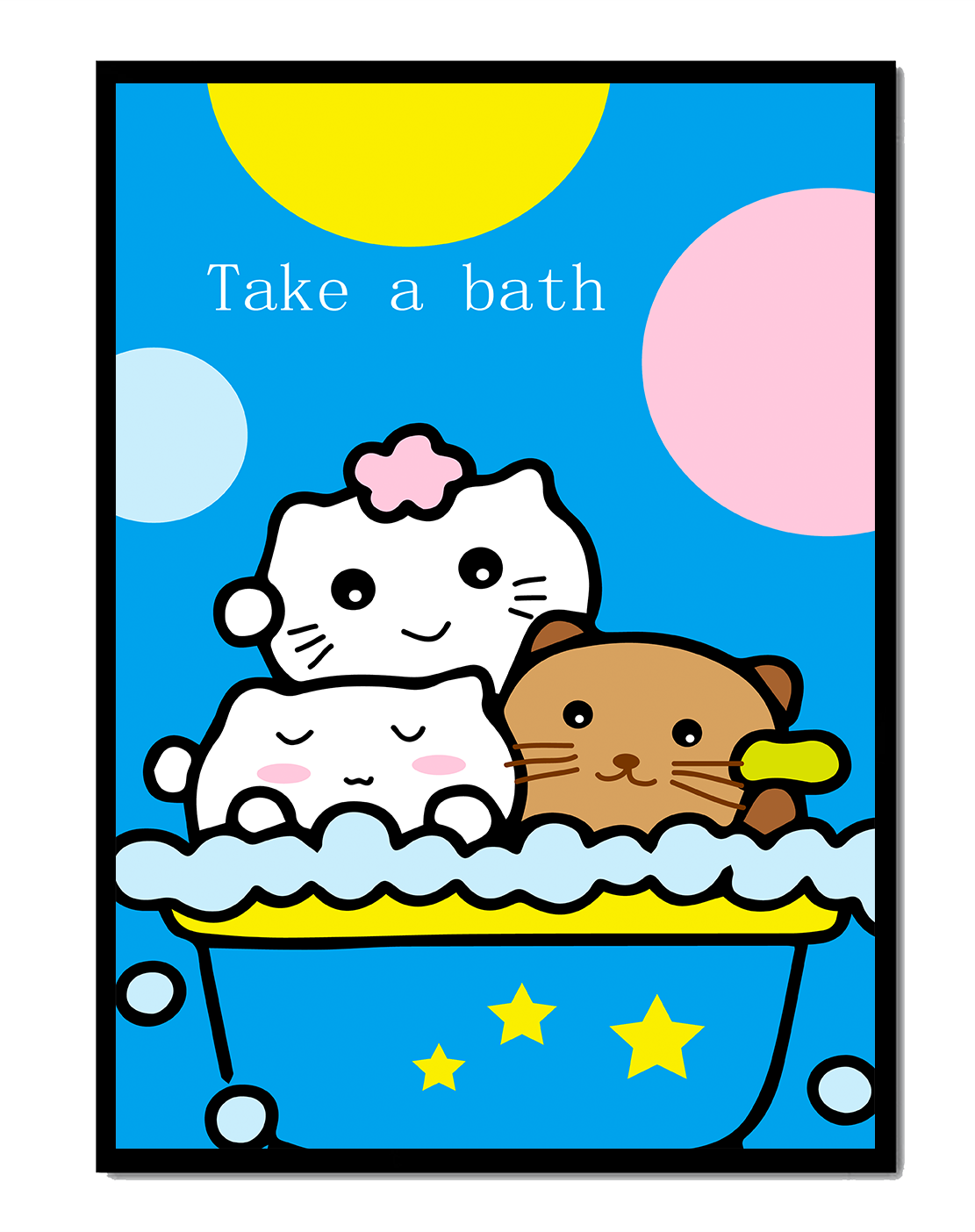 Adorable cartoon characters in a bubble bath with vibrant background
