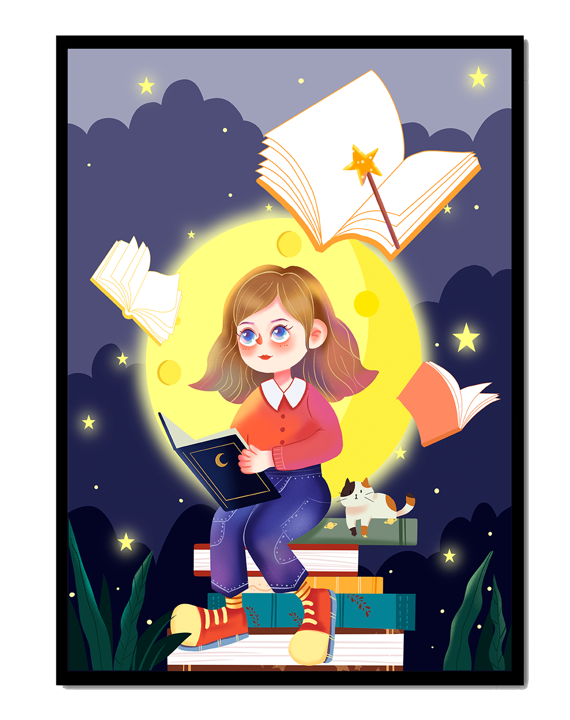 Illustration of a girl reading books under a starry night sky
