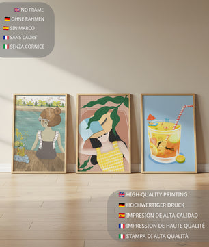 Conjunto De Tres Ilustraciones Modernas Con Temática De Playa En Marcos De Madera