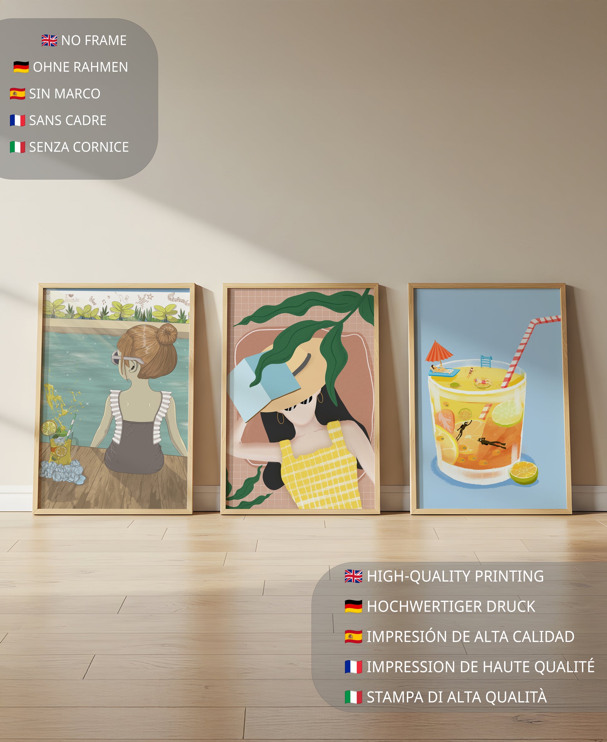Conjunto De Tres Ilustraciones Modernas Con Temática De Playa En Marcos De Madera