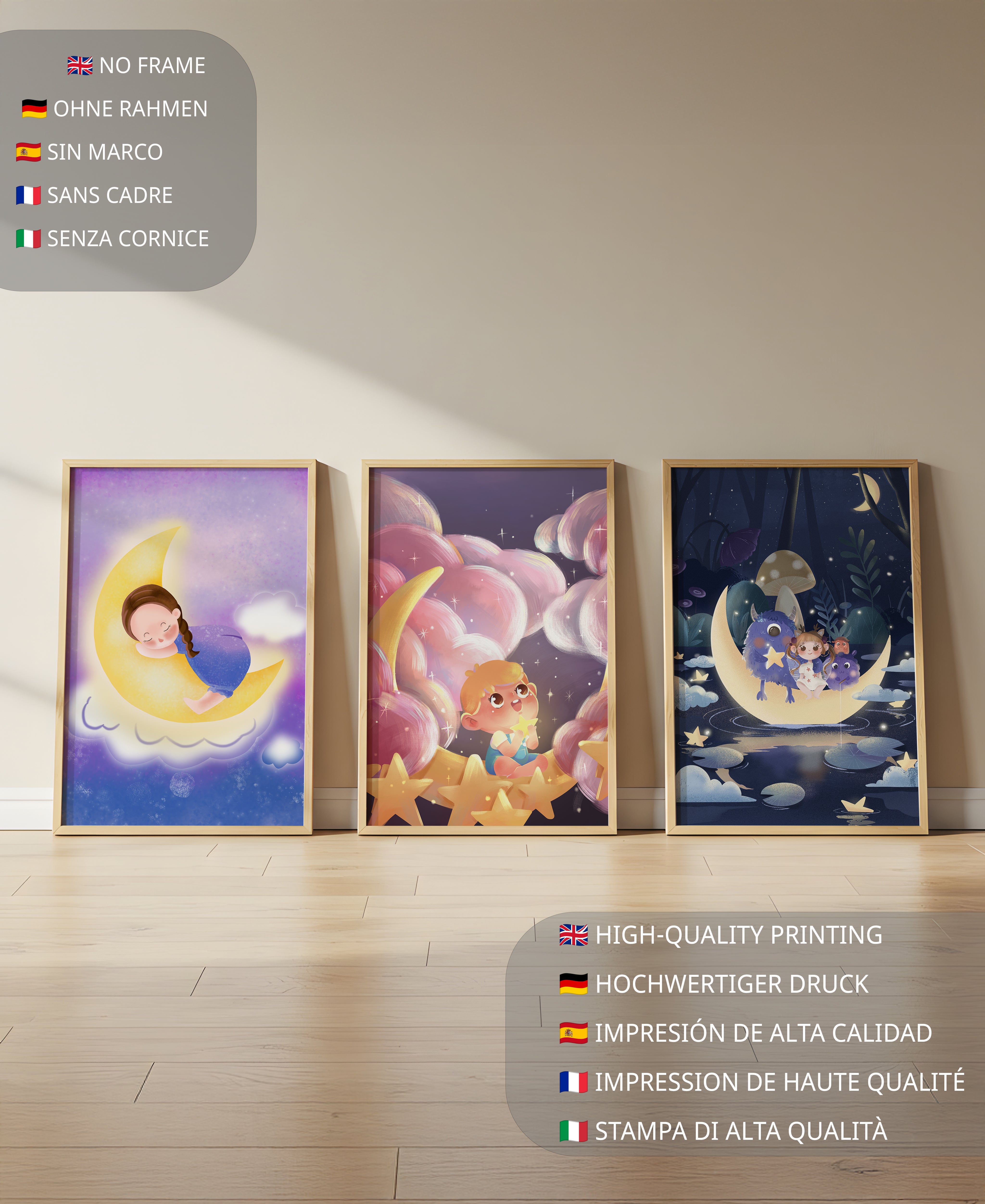 Conjunto De Cuadros Infantiles Con Luna Y Estrellas