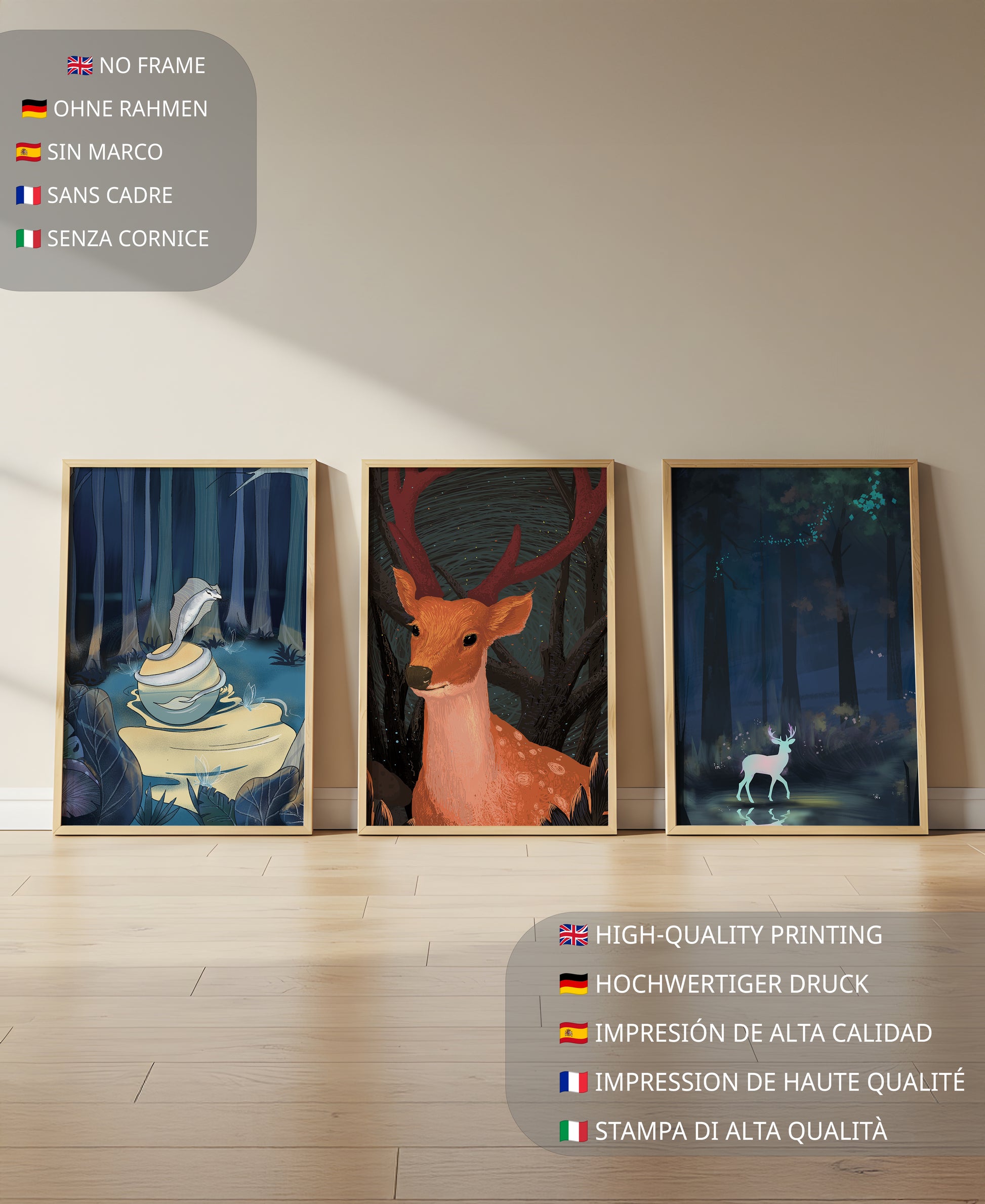 Tríptico De Animales En El Bosque Con Impresión Artística