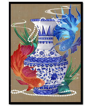 Jarrón de cerámica elegante con diseño de peces vibrantes y flores