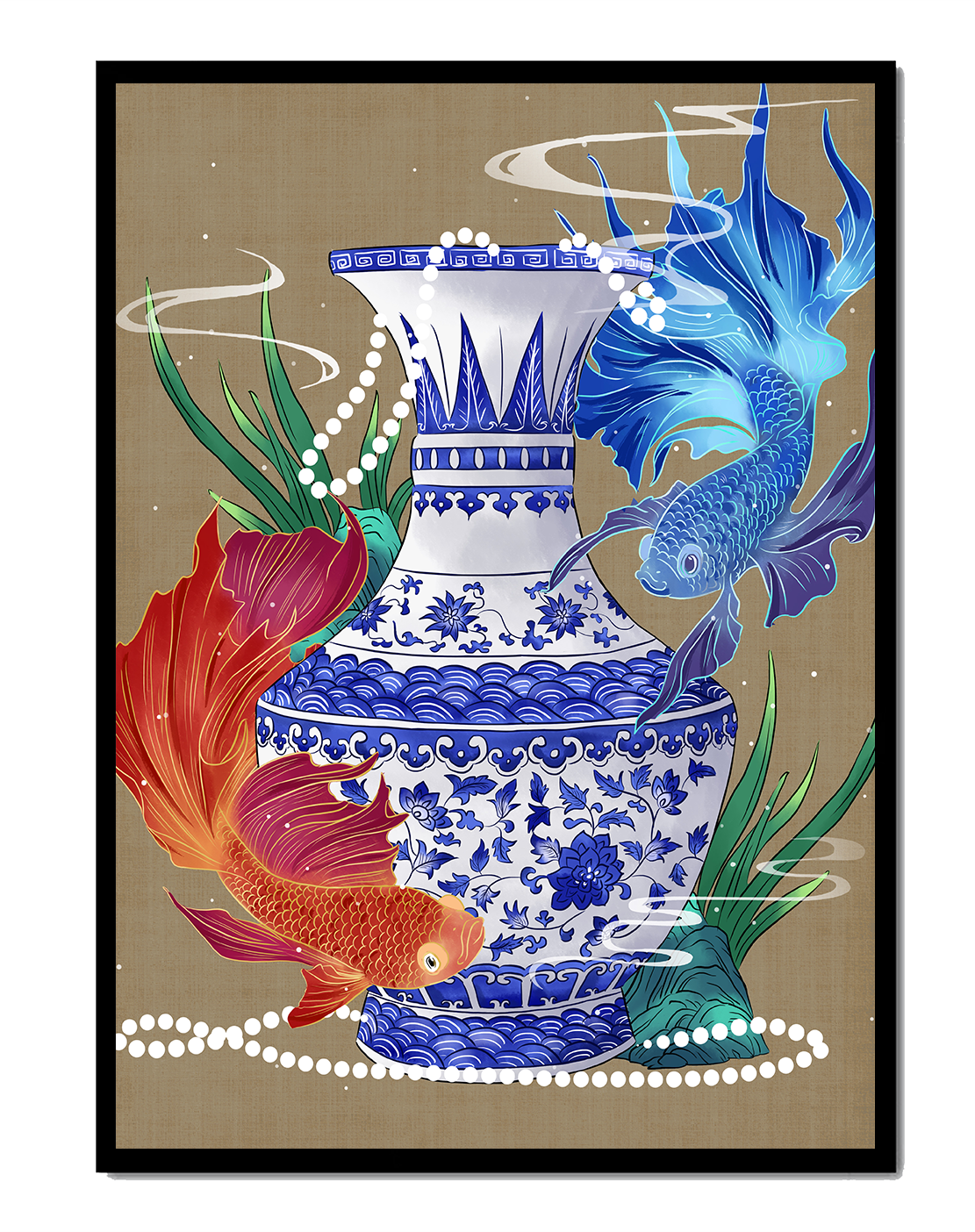 Elegant ceramic vase with vibrant fish and floral design