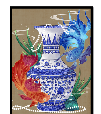Elegant ceramic vase with vibrant fish and floral design
