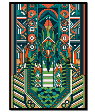 Design géométrique abstrait inspiré de l’Art déco avec des motifs symétriques et un motif animal