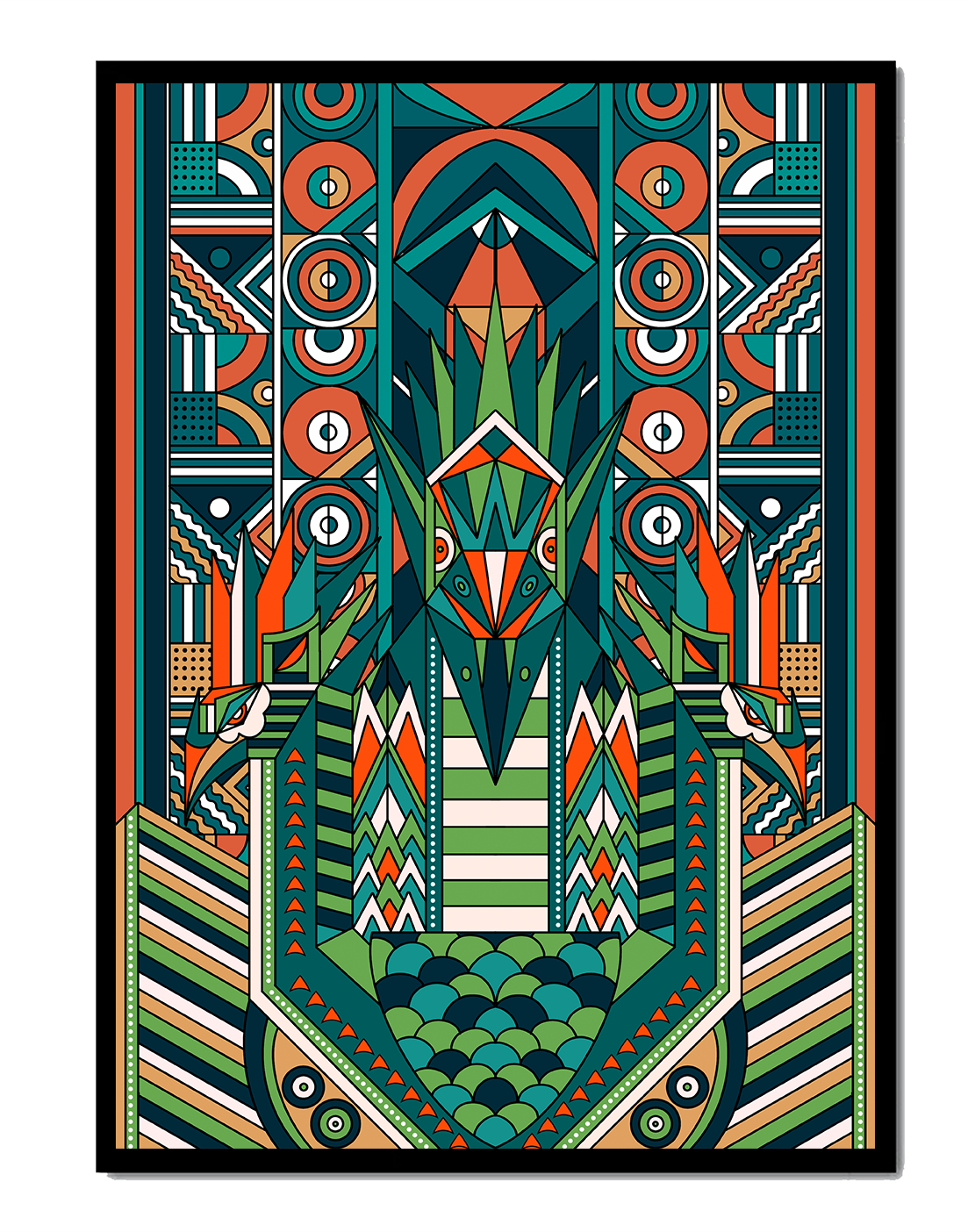 Art Deco Inspired Abstract Geometric Design with Symmetrical Patterns and Animal Motif