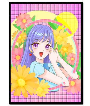 Anime-Mädchen mit leuchtenden Blumen und lila Haaren auf buntem Hintergrund