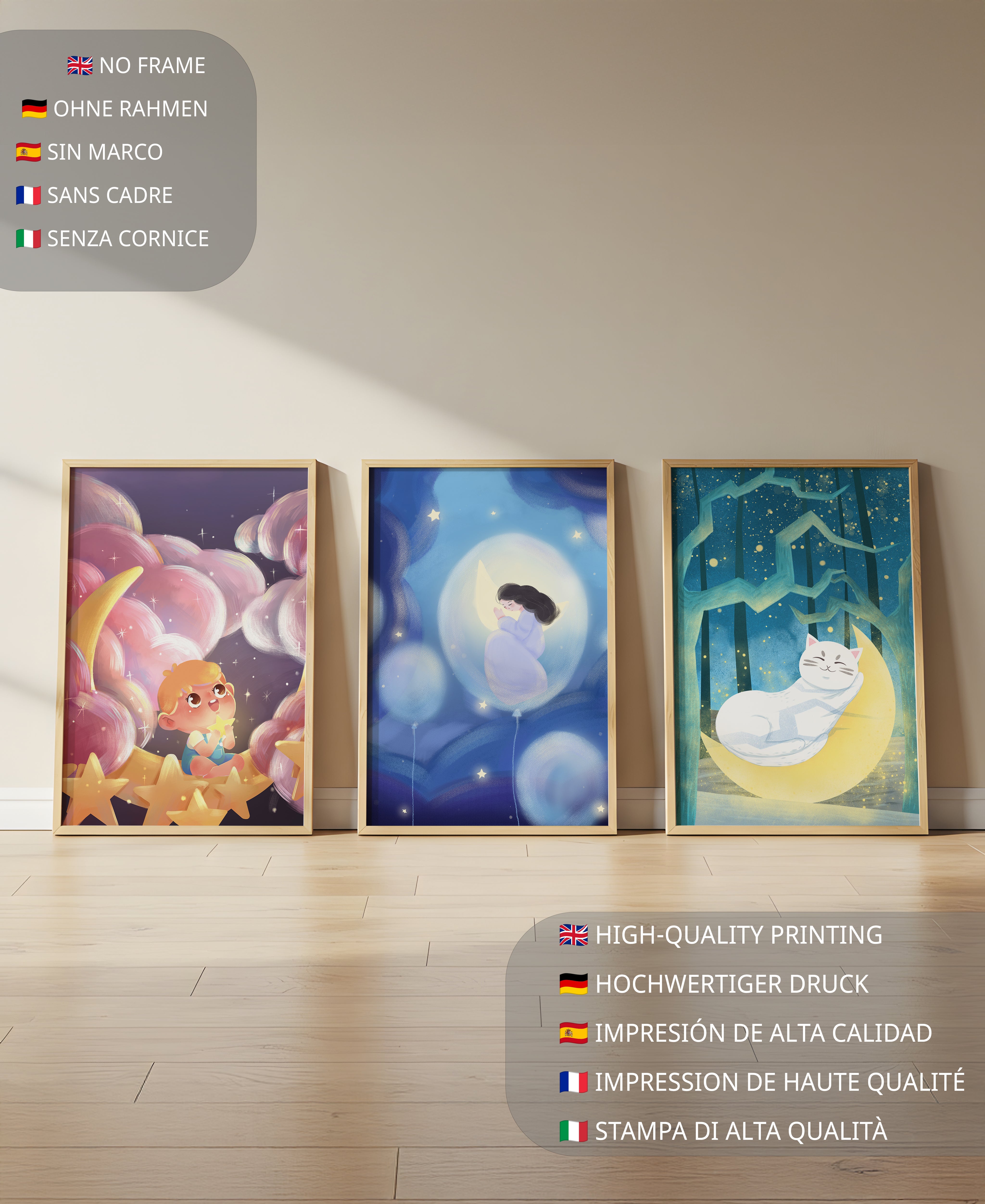 Cuadros de ensueño con motivos infantiles y lunares