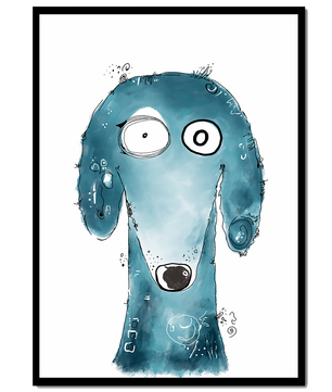 Illustration fantaisiste d’un chien bleu aux traits expressifs