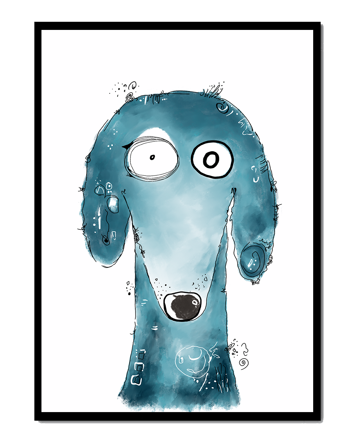 Whimsical blue dog illustration with expressive features