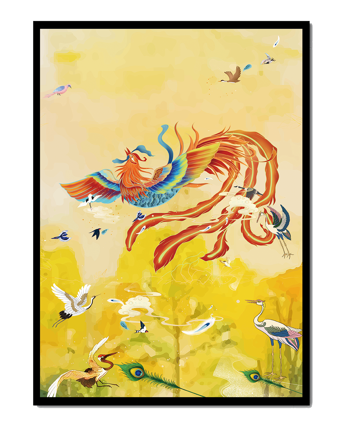 Colorful mystical bird with vivid feathered companions in a vibrant sky