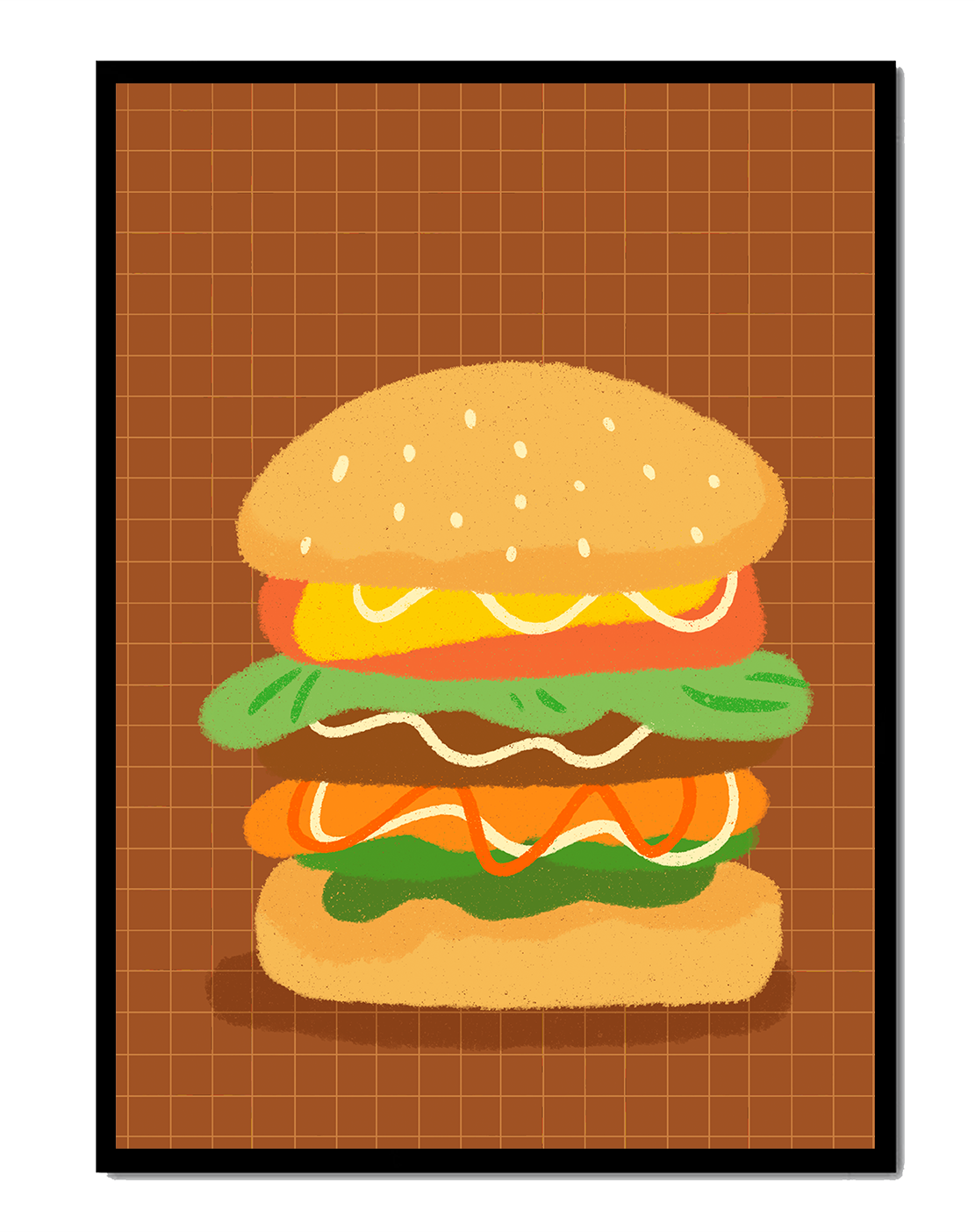 Illustrated cheeseburger with colorful layers on a grid background