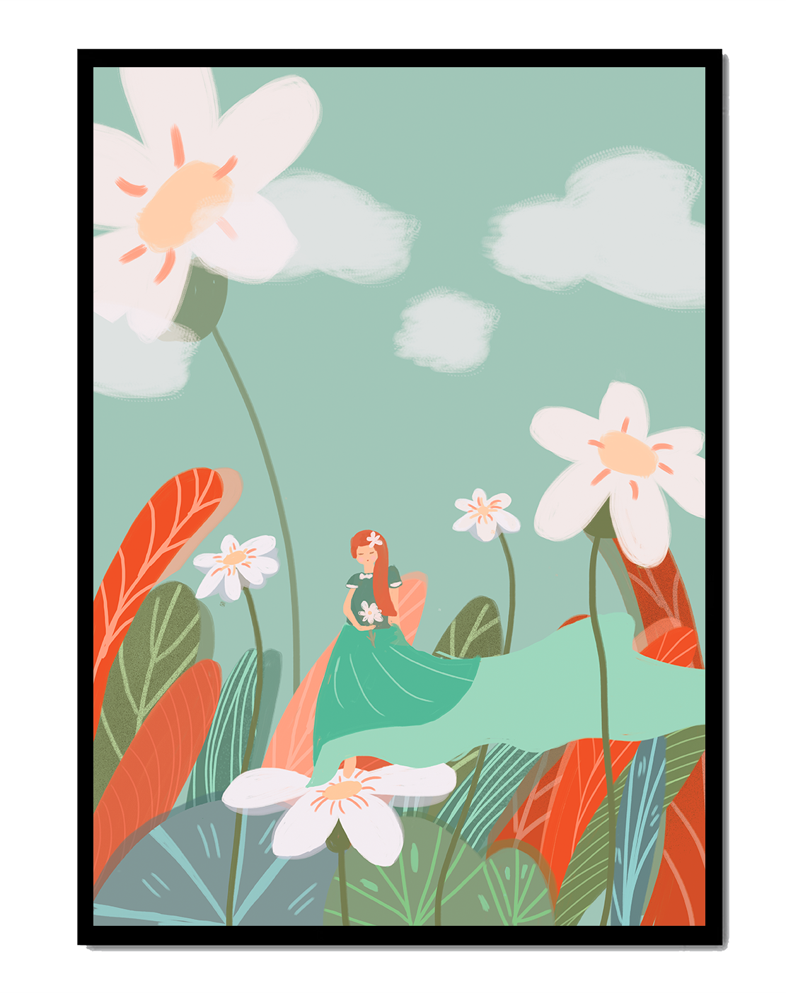 Whimsical garden scene with woman in a floral wonderland