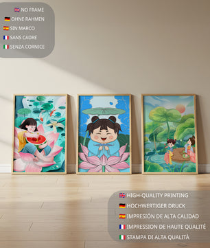 Trois illustrations d'enfants dans un style asiatique avec des éléments de la nature