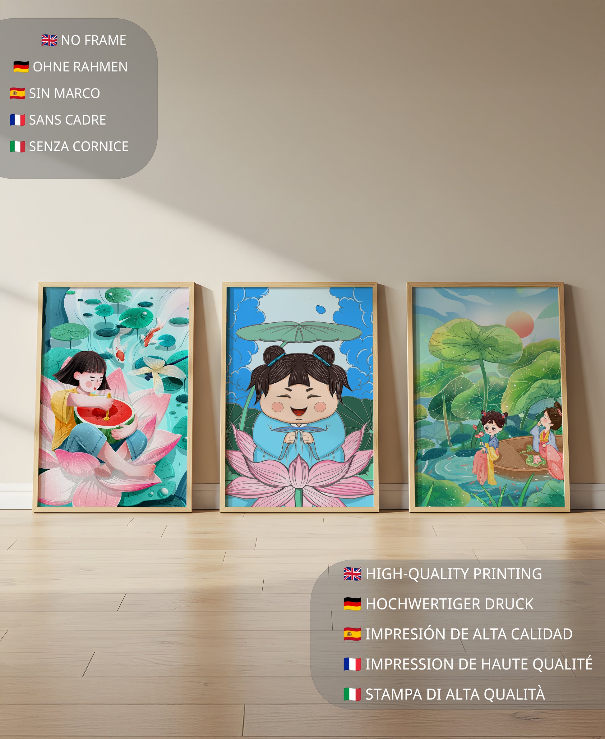 Trois illustrations d'enfants dans un style asiatique avec des éléments de la nature