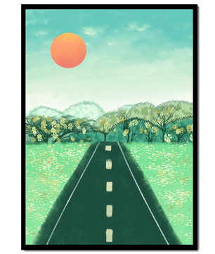 Serene Landscape with Road Leading to Sunset and Lush Greenery