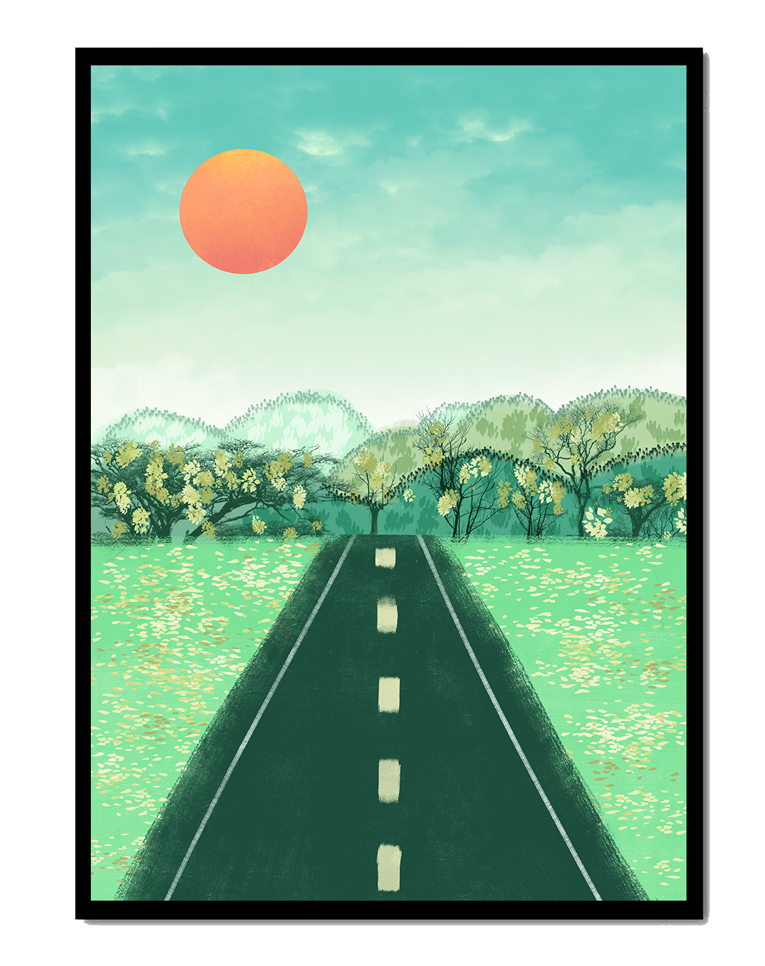 Serene Landscape with Road Leading to Sunset and Lush Greenery