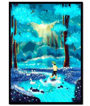 Colorful forest scene with a child and ducks by a stream