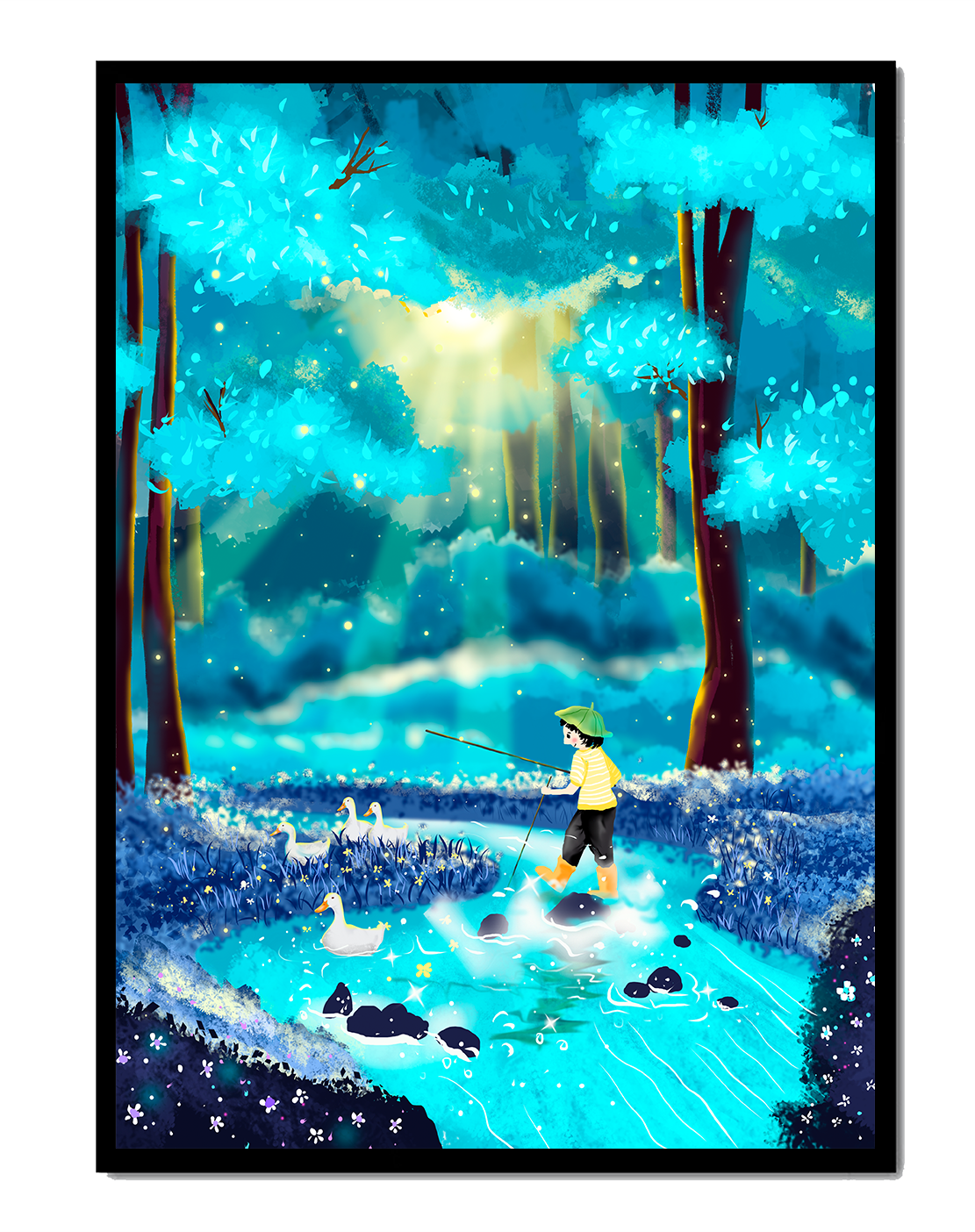 Colorful forest scene with a child and ducks by a stream