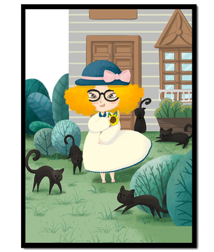 Girl with black cats in a garden setting with floral background