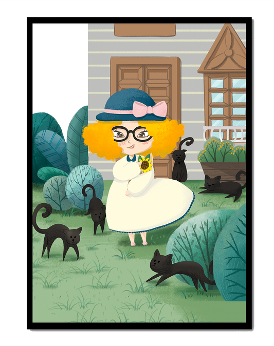 Girl with black cats in a garden setting with floral background