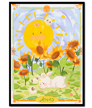 Ilustración encantadora de Aries con animales juguetones y girasoles